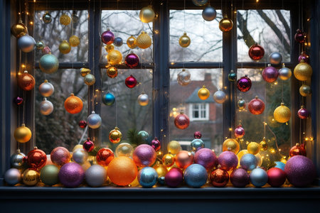 Studio Window Decorated with Colorful Festive Ballsの素材