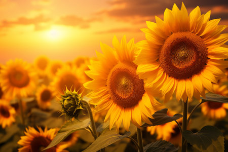 Warm Colors of a Sunflower Field in the Eveningの素材