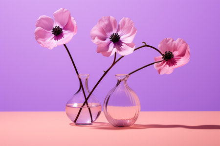 Pink Flowers in a Vase on a Purple Backgroundの素材