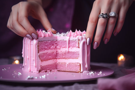 Woman's Hands Cutting a Cake with Pink Creamの素材