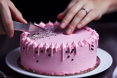 Woman's Hands Cutting a Cake with Pink Creamの素材