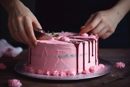 Woman's Hands Cutting a Cake with Pink Creamの素材