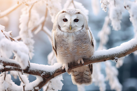 White Owl Perched on a Tree Branchの素材