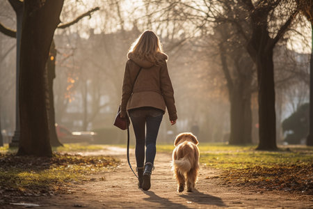 Woman and Her Four-Legged Companion in the Parkの素材