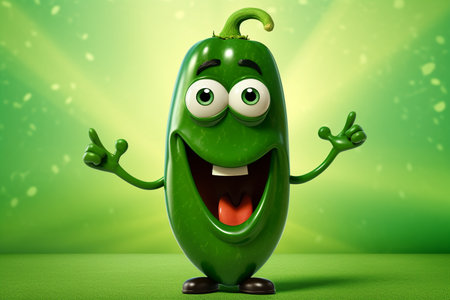Green Pepper Character Cartoon on Green Backgroundの素材
