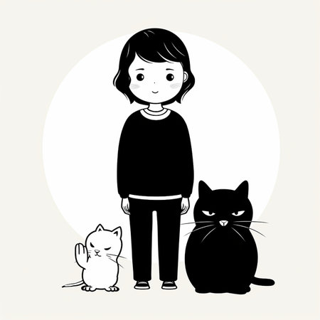 Black and White Sumi-e with Girl and Catの素材