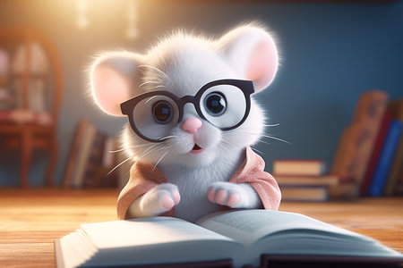 3D Cartoon Mouse with Reading Glasses Generative By Ai.の素材