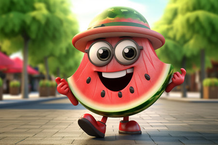 3D Cute Watermelon Cartoon Render Generative By Ai.の素材
