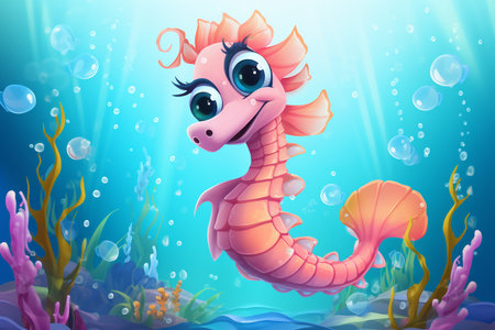 The Playful Cartoon Seahorse in the Underwater World Generative By Ai.の素材
