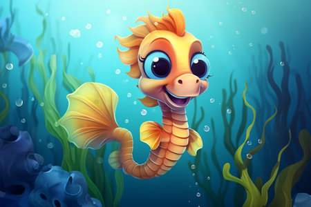 The Playful Cartoon Seahorse in the Underwater World Generative By Ai.の素材