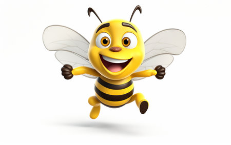 3D Cartoon Bee in Action: Running on White Background Generative By Ai.の素材