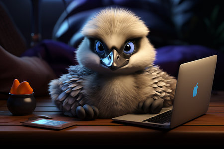 3D Goose Gets to Work on a Laptop Generative By Ai.の素材