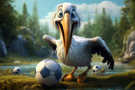 Cute 3D Pelican: A Whimsical Soccer Match Generative By Ai.の素材