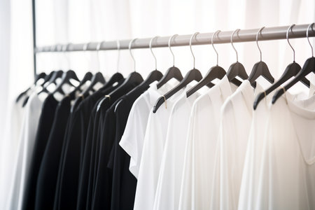 White Cotton Clothes Hanging on Black Hangers generative by Ai.の素材