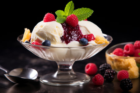 Sweet and tasty sorbet ice cream with fruits and berries generative by Ai.の素材