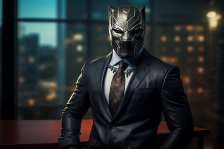 A Portrait of an Imaginative Anthropomorphic Black Panther in a Suit generative by Ai.の素材