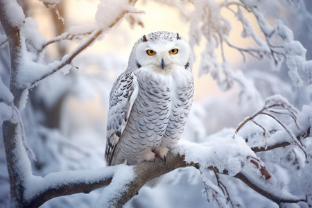 White Owl Perched in a Snowy Landscape generative by Ai.の素材