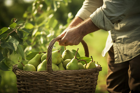 Unrecognizable Farmer Collecting Pears in the Orchard generative by Ai.の素材