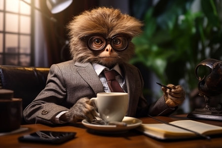 The Tarsier Executive: A Dapper Businessman in Suit generative by Ai.の素材