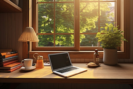 Laptop on a Stylish Wooden Table generative by Ai.の素材