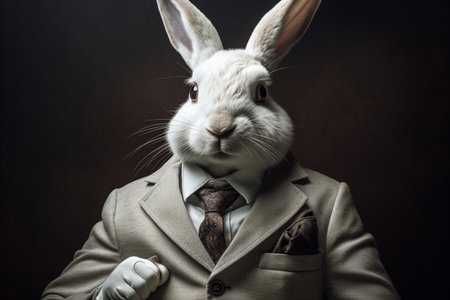 A Whimsical Portrait of a White Rabbit in a Formal Suit generative by Ai.の素材