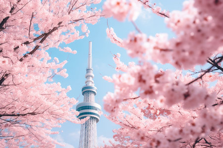 Seoul Tower Amidst Pink Spring Blooms generative by Ai.の素材