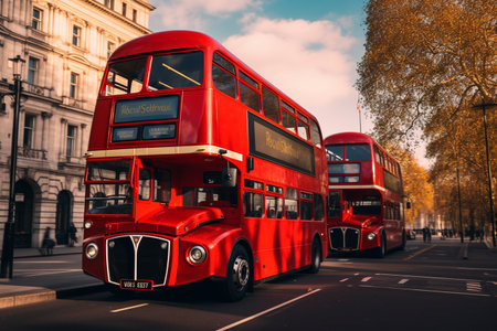 London's Iconic Red Double-Decker Buses in Action generated by Ai.の素材