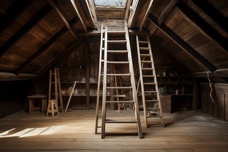 Wooden Folding Ladder in an Old Attic generative by Ai.の素材