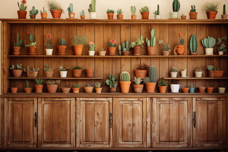Wooden Wall and Cactus Plants in Pots generative by Ai.の素材