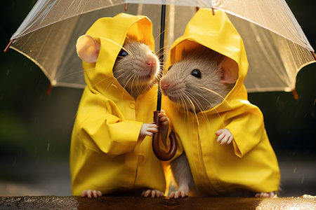 Tiny Rats in Yellow Raincoats on a Wet Day generative by Ai.の素材