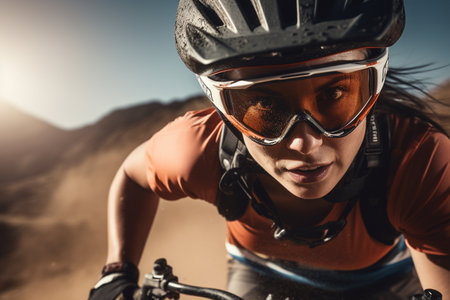 Woman in Helmet Descending the Mountain generative by Ai.の素材