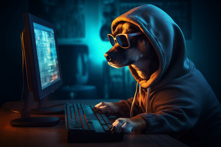 Hacker Dog in Action generative by Ai.の素材