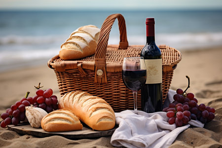 Picnic Basket with Red Wine, Bread, and Fruit generative by Ai.の素材