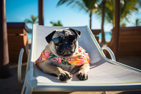 Relaxed Pug Sunbathing in Style generative by Ai.の素材