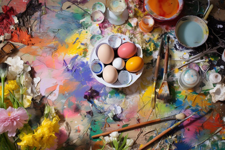 Overhead View of Messy Table with Paints and Eggs generative by Ai.の素材