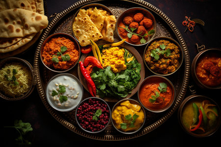 Top View of Colorful Indian Cuisine generative by Ai.の素材