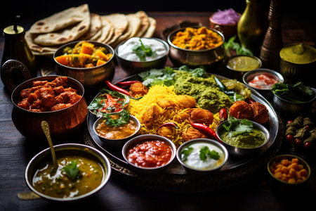 Top View of Colorful Indian Cuisine generative by Ai.の素材