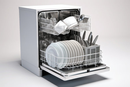 Sleek and Modern Dishwasher Loaded with Sparkling Dishes generative by Ai.の素材