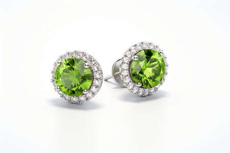 Isolated Peridot and Diamond Halo Earrings on White generative by Ai.の素材