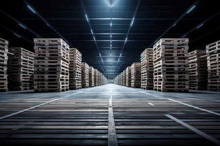 Capturing the Warehouse's Neat Rows of Empty Pallets generative by Ai.の素材