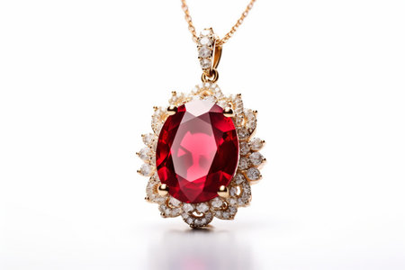 Ruby and Diamond Pendant Necklace, Isolated on a White Background generative by Ai.の素材