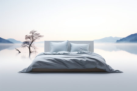 A Bed with a View on a White Background generative by Ai.の素材