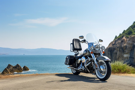 Cruiser Motorcycle Parked in Front of a Scenic Coastal View Generative by Ai.の素材