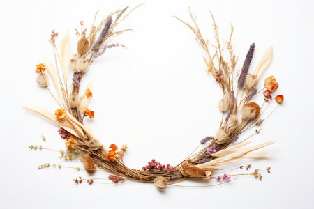 Captures a Decorative Wreath with Dried Flowers and Twigs Generative by Ai.の素材