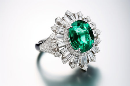 Emerald and Diamond Cocktail Ring on White Generative by Ai.の素材