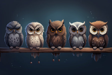 Animated Chibi Owls in a Fun Row Generative By Ai.の素材