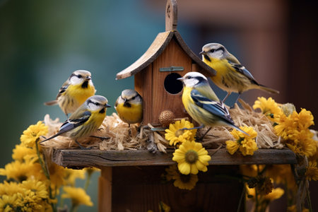 Little Birds Enjoying Seeds at the Feeder Station Generative By Ai.の素材