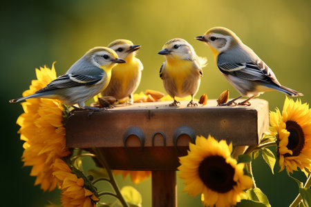 Group of Little Birds Perching on a Bird Feeder Generative By Ai.の素材