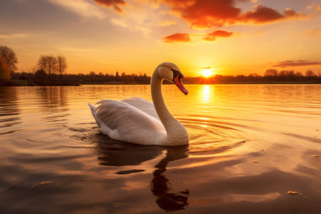 White Swan Gliding in a Lake at Dusk Generative By Ai.の素材