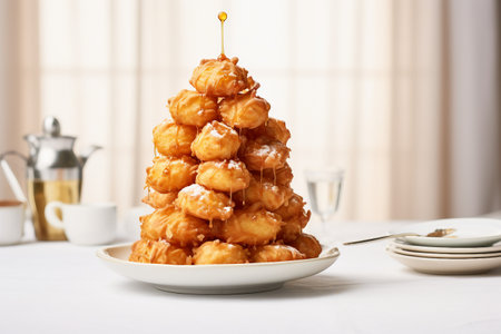 Delectable Croquembouche Masterpiece in Kitchen Settingの素材